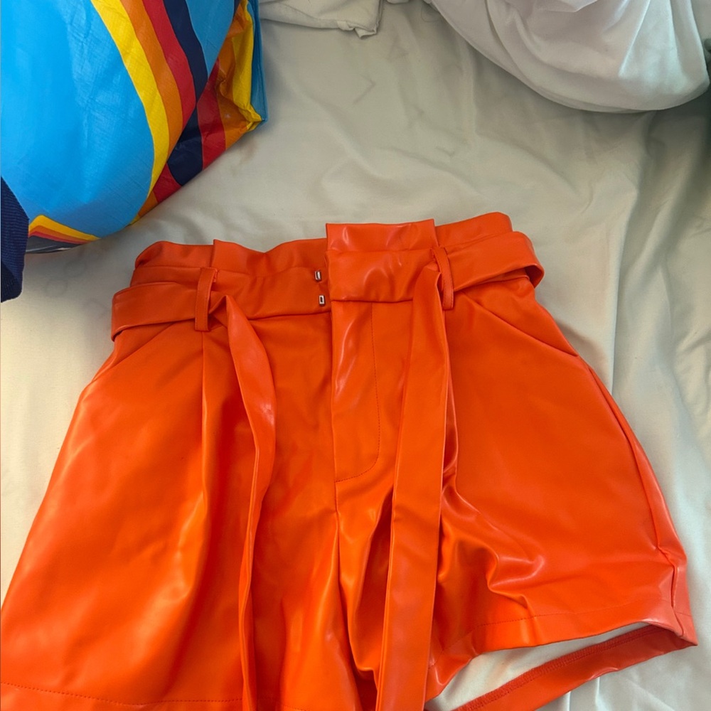 Glam Vibrant Orange High Waist Pleather Shorts